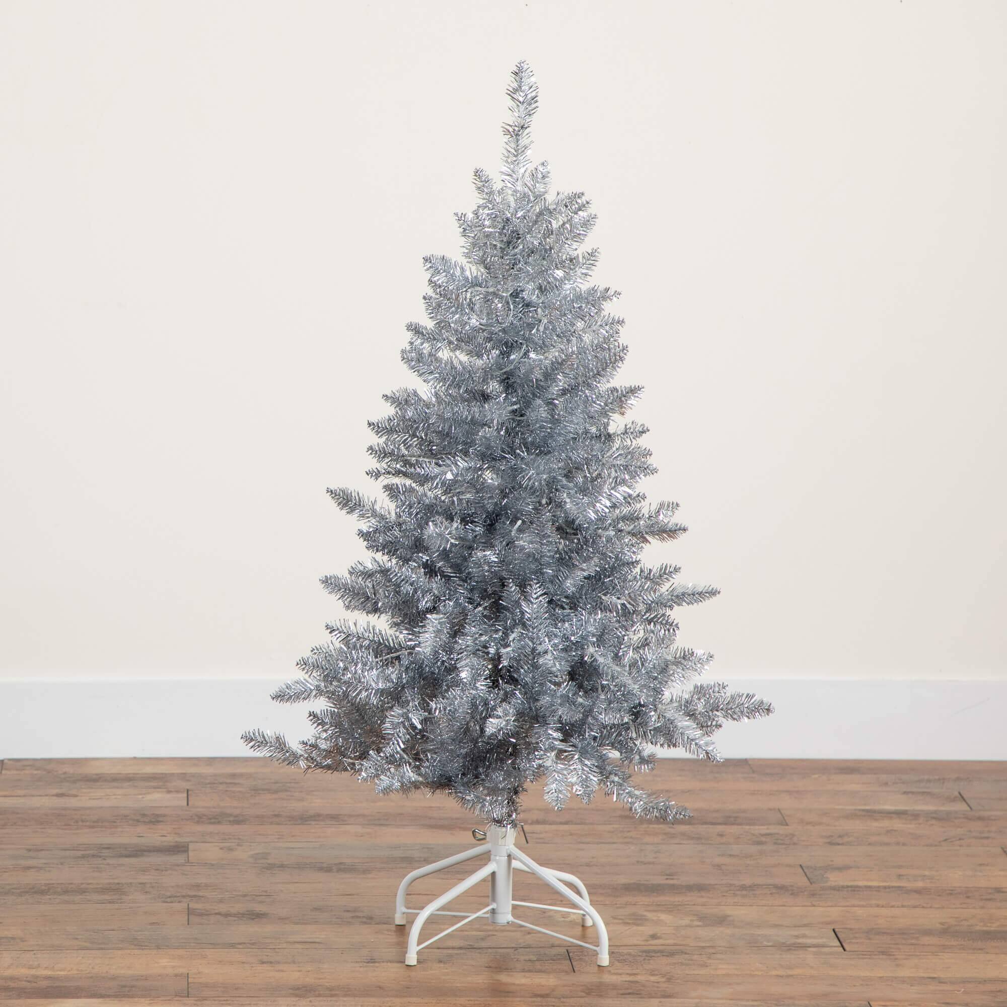 4ft. Pre-Lit Silver Tinsel Artificial Christmas Tree, Cool White Lights